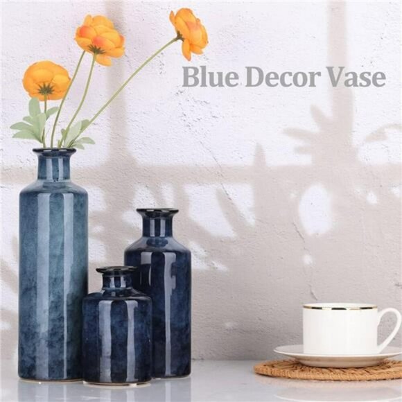 Blue Ceramic Vase Set of 3 Small Modern Farmhouse Decor Table Centerpiece - Picture 6 of 8